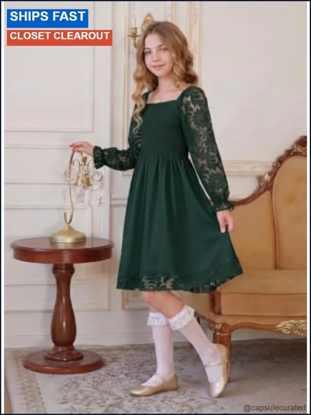 Girls Lace Long Sleeve Dress Smocked Bodice Formal Casual